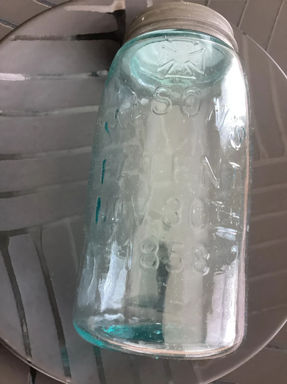 Antique “HERO CROSS” Aqua Blue glass Mason canning jar dating back to 19thC